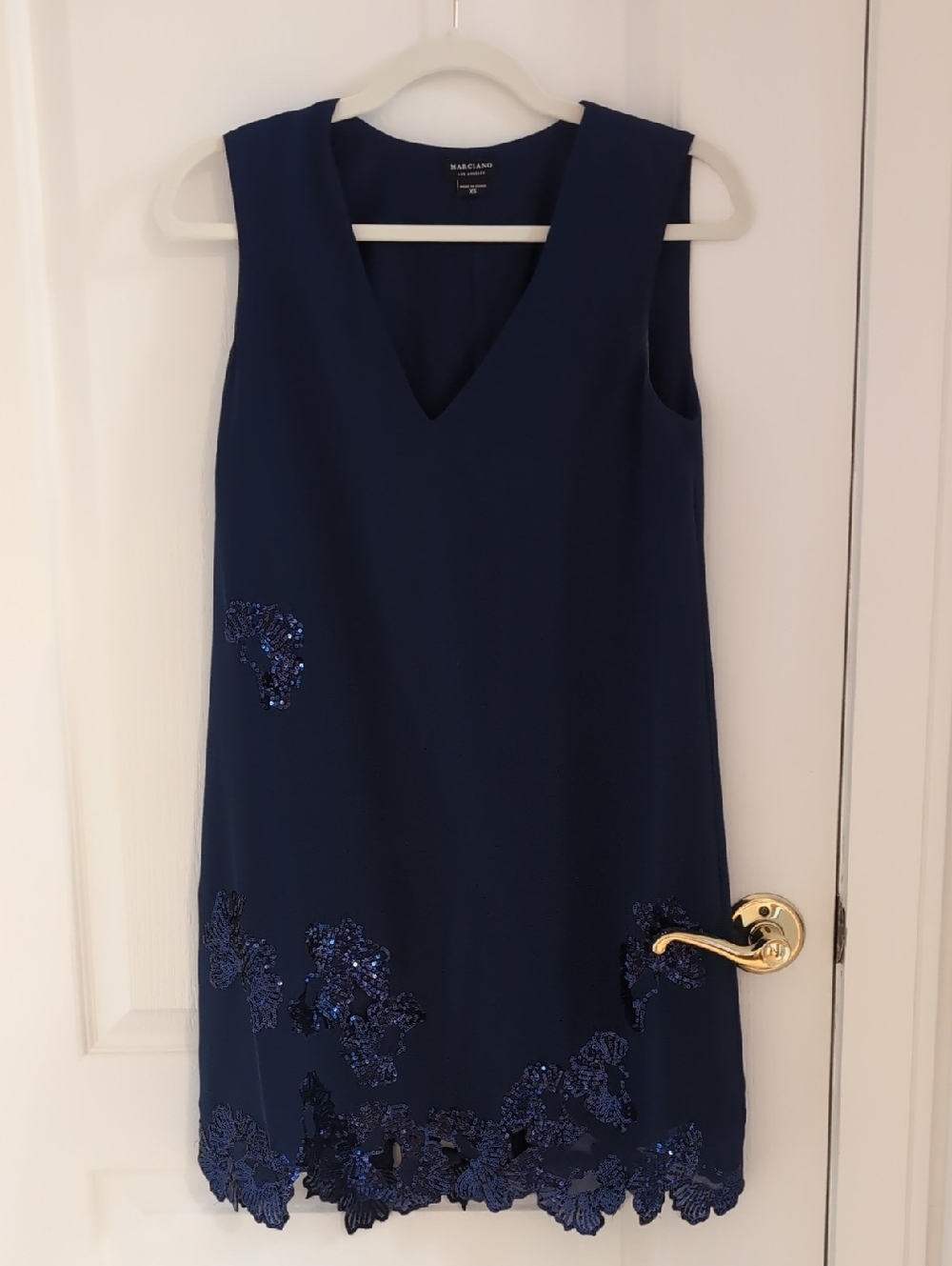 Marciano Navy Sleeveless V-Neck Mini Dress with Sequin Floral Hem